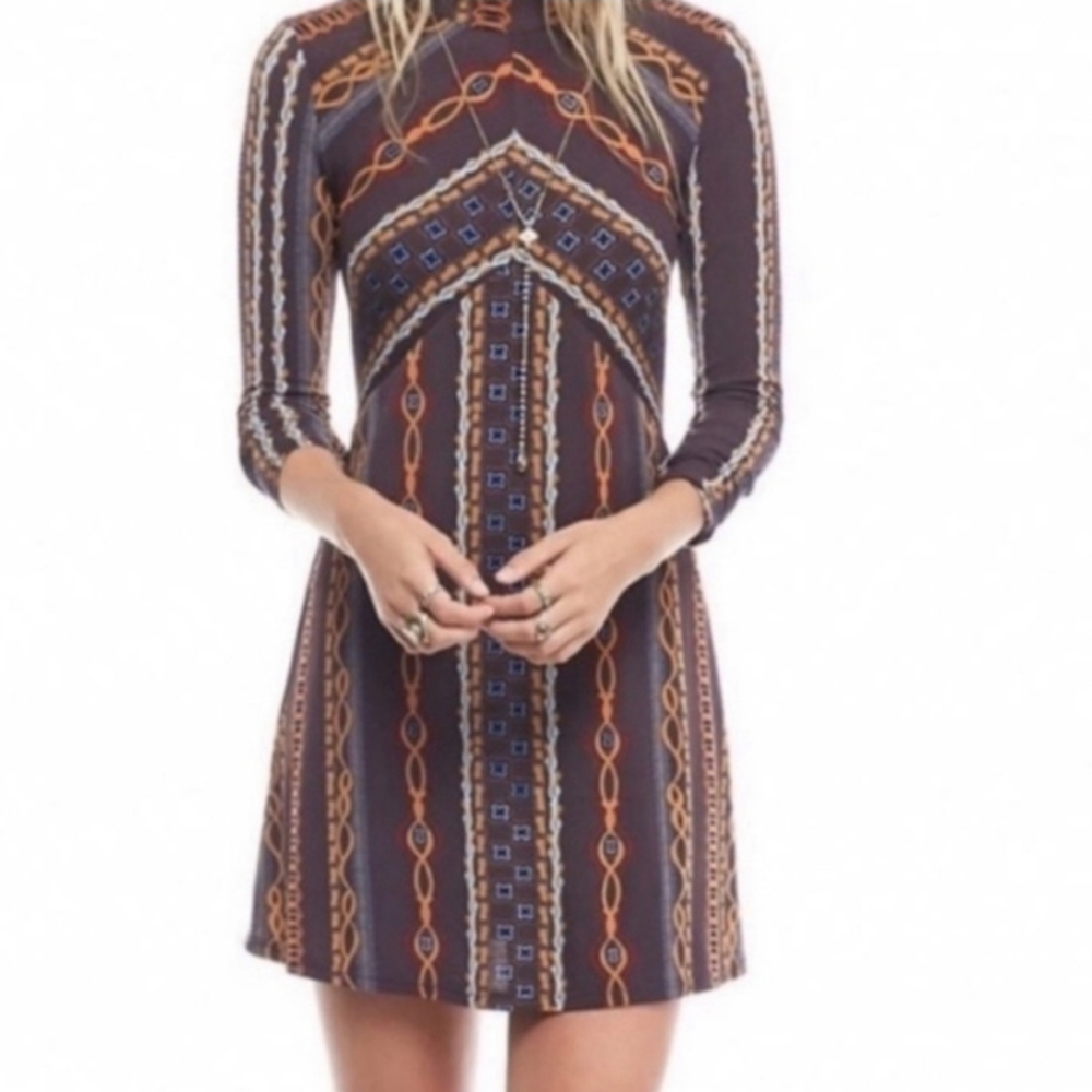 Free People Boho Dress 3/4 Sleeve Mini Fall Autumn Statement Piece